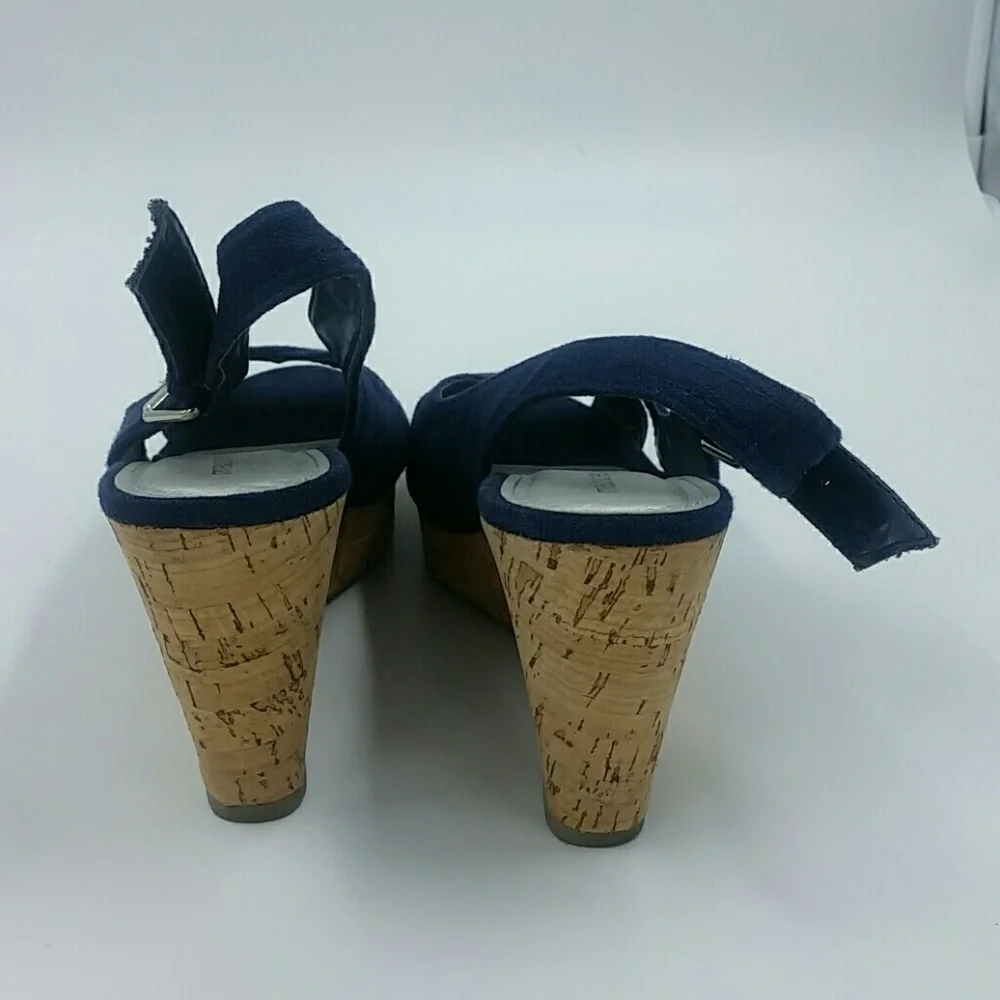 MAURICES l Navy Canvas Cork Peep Toe Wedge